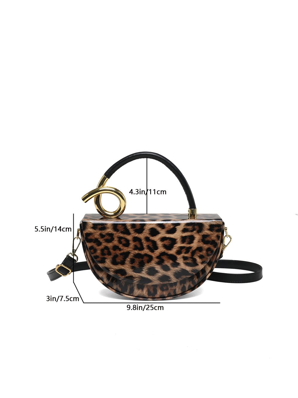 Leopard Print Saddle Handbag, Glossy Acrylic Shoulder Bag with Unique Curved Gold Handle, Women Trendy Crossbody Purse