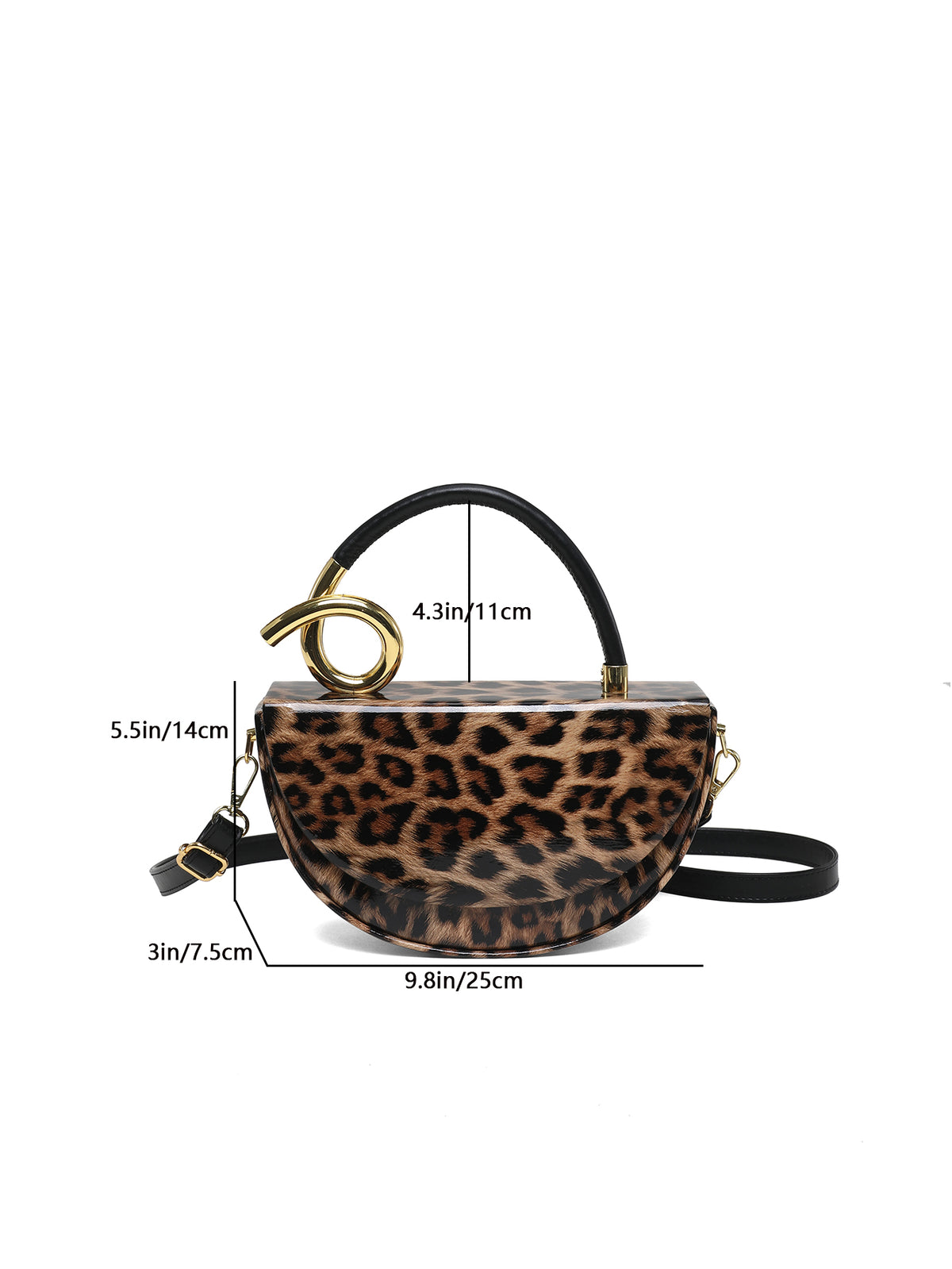 Leopard Print Saddle Handbag, Glossy Acrylic Shoulder Bag with Unique Curved Gold Handle, Women Trendy Crossbody Purse