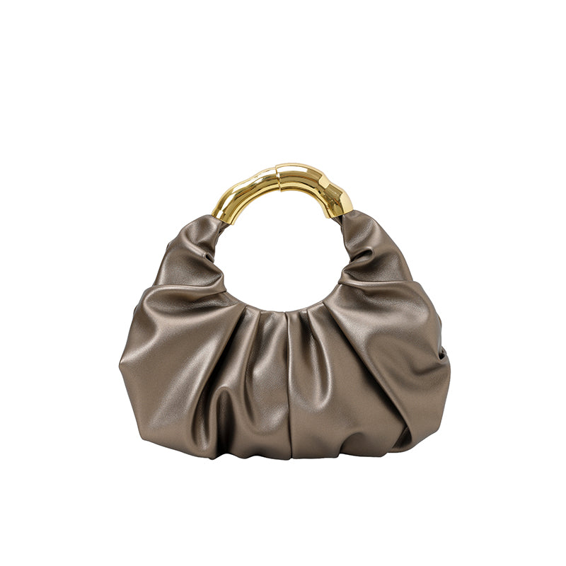 Women Ruched Cloud Hobo Handbag, Irregular Curved Gold Metal Ring Handle Soft Faux Leather Mini Shoulder Bag