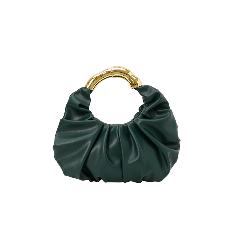 Women Ruched Cloud Hobo Handbag, Irregular Curved Gold Metal Ring Handle Soft Faux Leather Mini Shoulder Bag