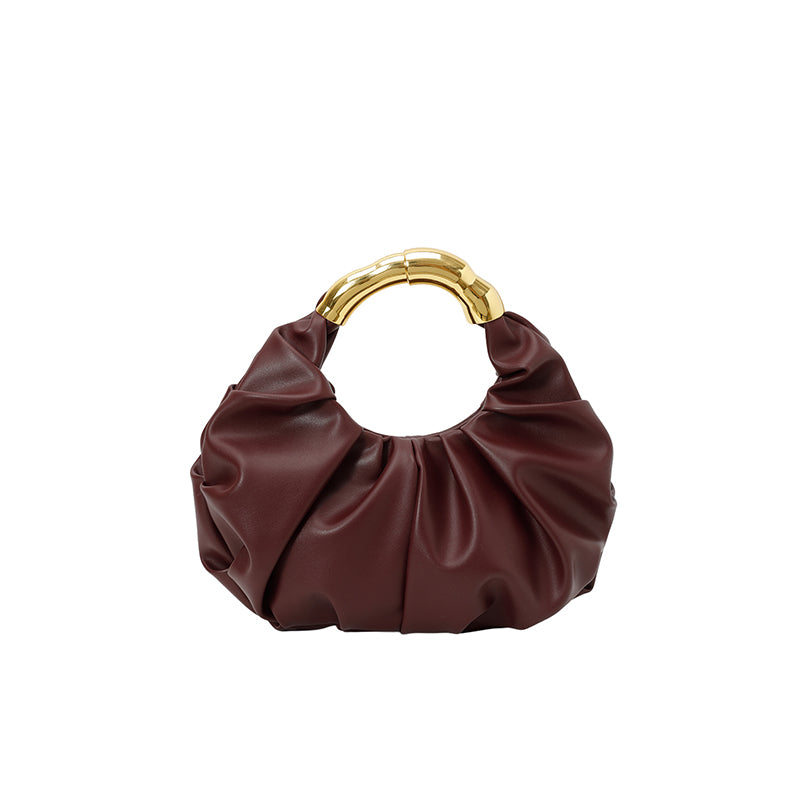 Women Ruched Cloud Hobo Handbag, Irregular Curved Gold Metal Ring Handle Soft Faux Leather Mini Shoulder Bag