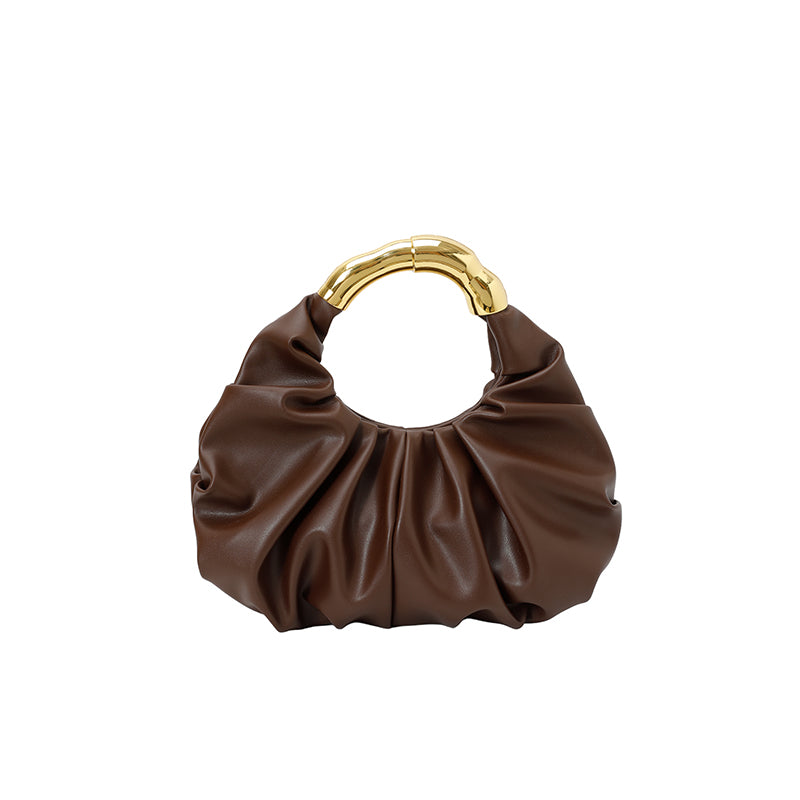 Women Ruched Cloud Hobo Handbag, Irregular Curved Gold Metal Ring Handle Soft Faux Leather Mini Shoulder Bag