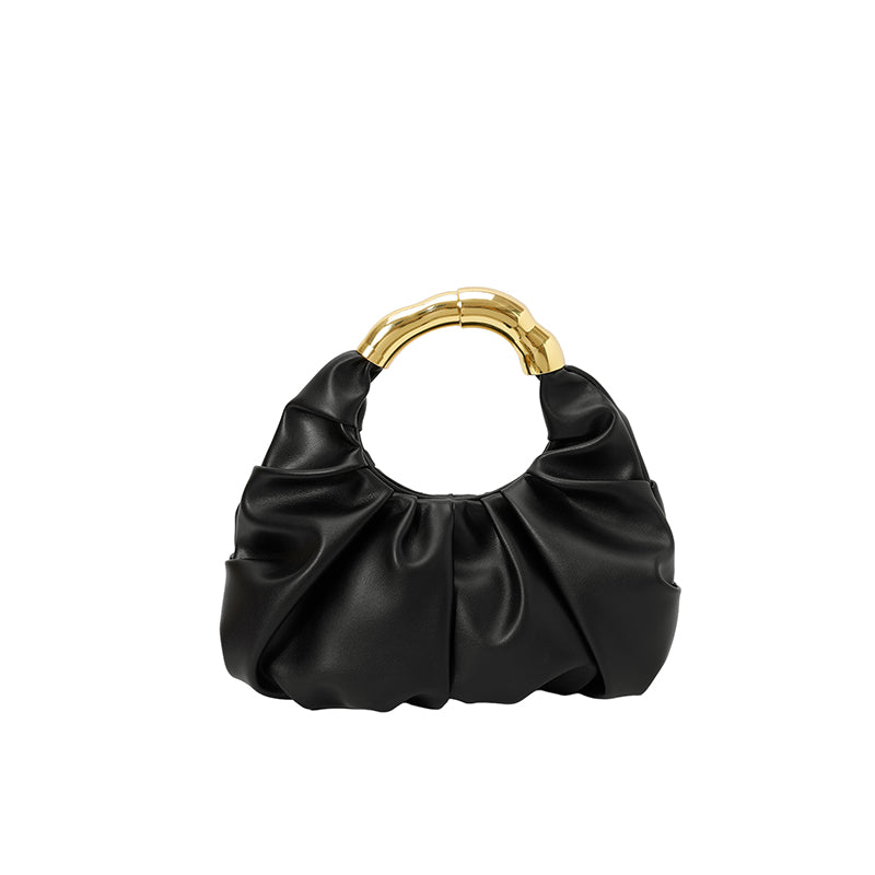 Women Ruched Cloud Hobo Handbag, Irregular Curved Gold Metal Ring Handle Soft Faux Leather Mini Shoulder Bag