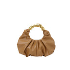 Women Ruched Cloud Hobo Handbag, Irregular Curved Gold Metal Ring Handle Soft Faux Leather Mini Shoulder Bag
