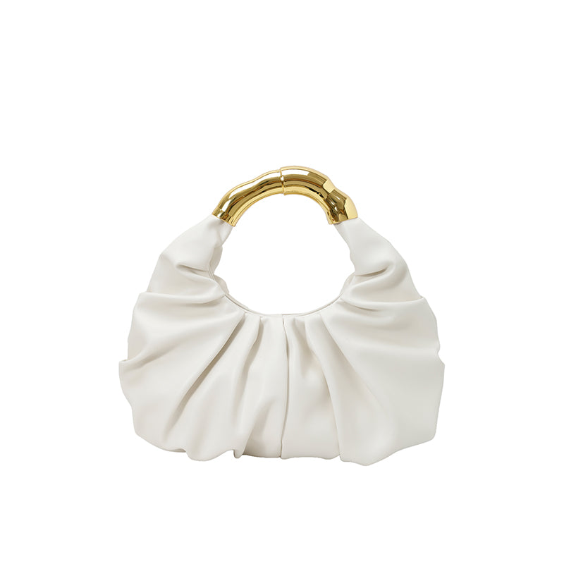 Women Ruched Cloud Hobo Handbag, Irregular Curved Gold Metal Ring Handle Soft Faux Leather Mini Shoulder Bag