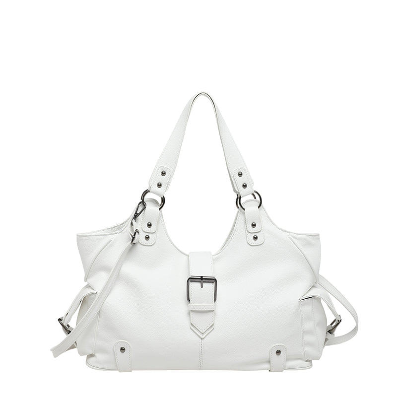 White Y2K Multi-Pocket Hobo Shoulder Bag, Large Capacity Utility Buckle Tote Bag for Women, Casual Daily Crossbody Handbag