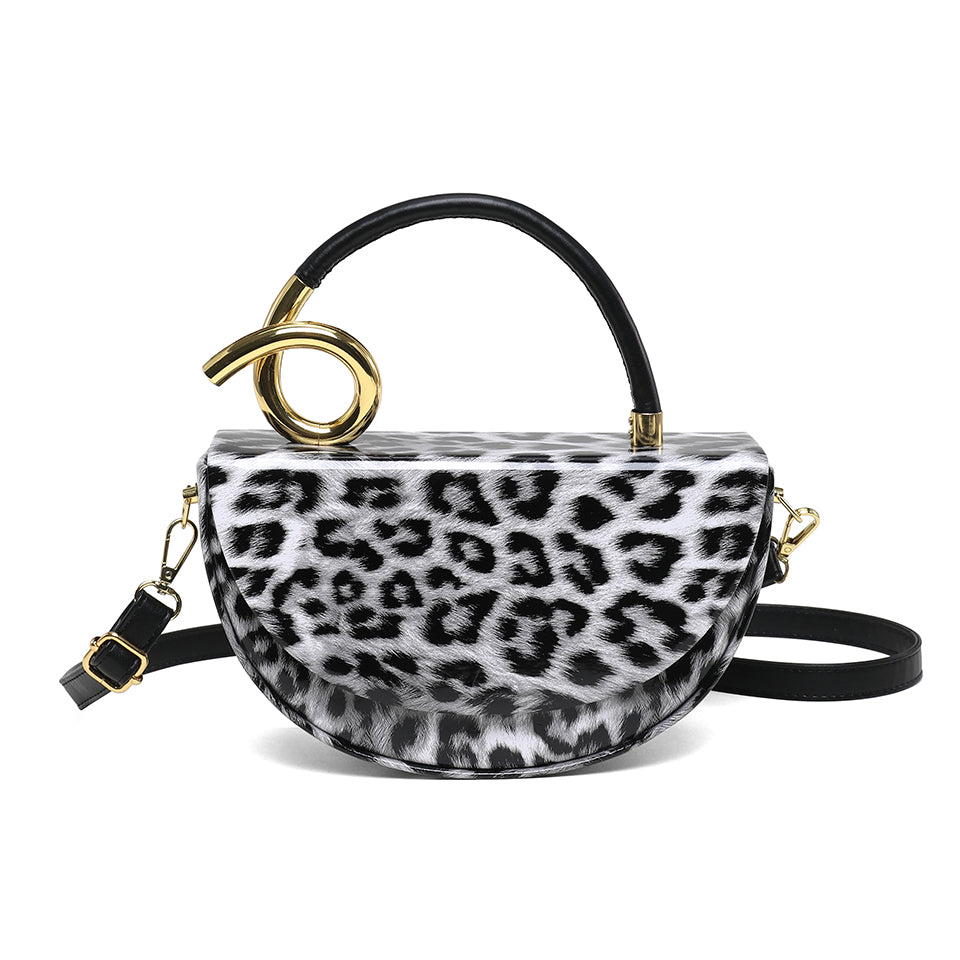 Leopard Print Saddle Handbag, Glossy Acrylic Shoulder Bag with Unique Curved Gold Handle, Women Trendy Crossbody Purse