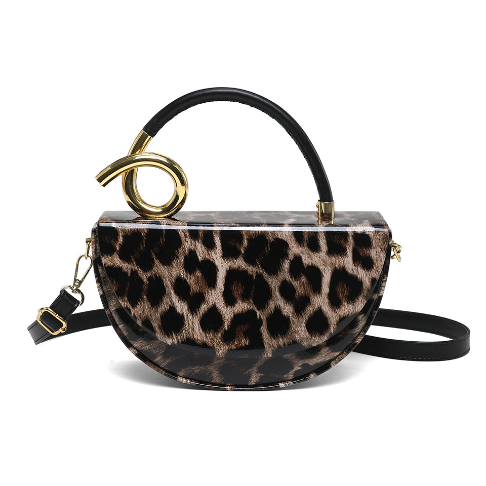 Leopard Print Saddle Handbag, Glossy Acrylic Shoulder Bag with Unique Curved Gold Handle, Women Trendy Crossbody Purse