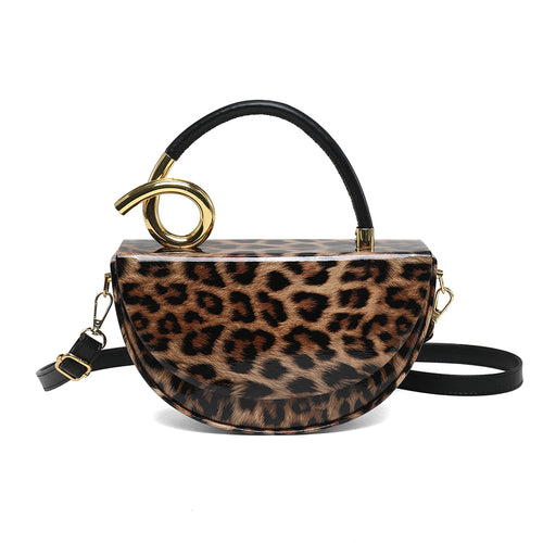 Leopard Print Saddle Handbag, Glossy Acrylic Shoulder Bag with Unique Curved Gold Handle, Women Trendy Crossbody Purse