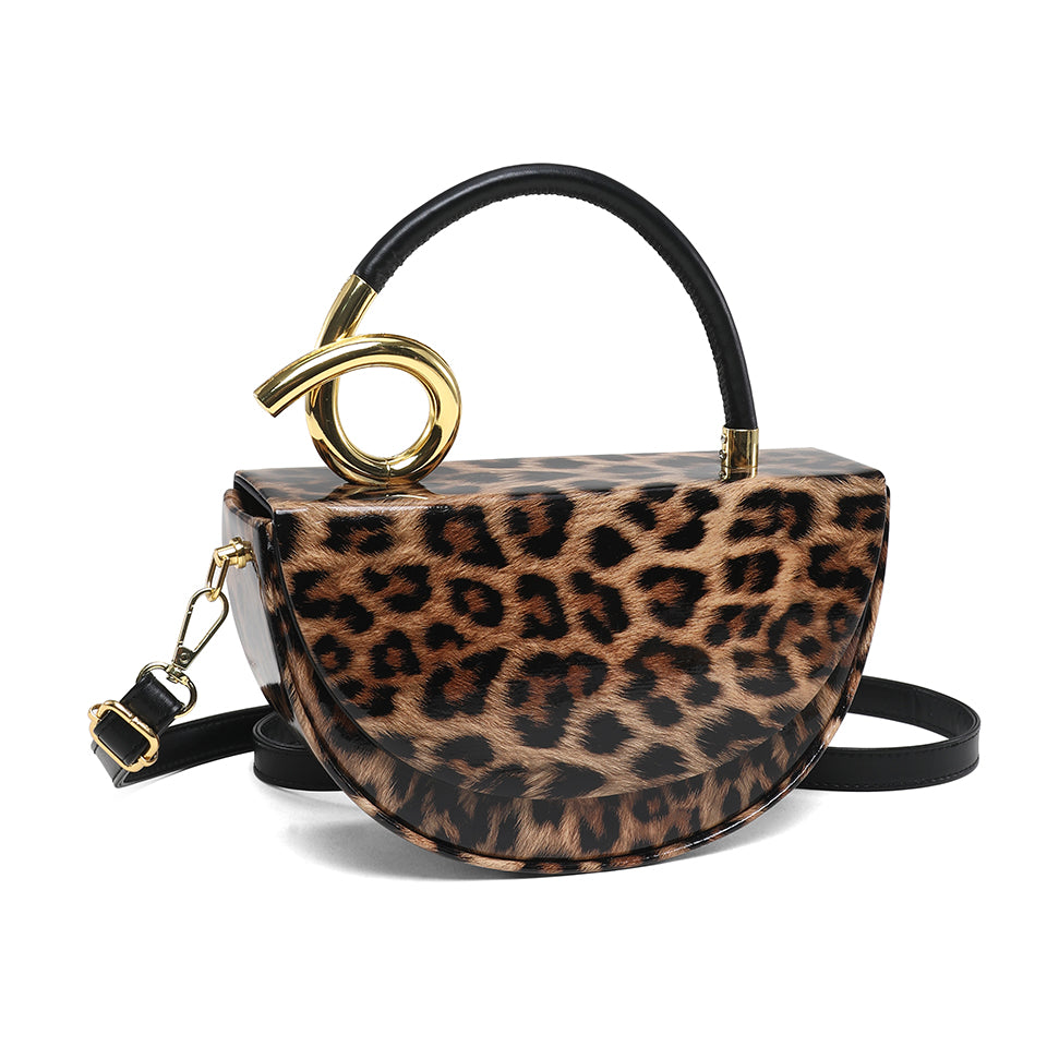 Leopard Print Saddle Handbag, Glossy Acrylic Shoulder Bag with Unique Curved Gold Handle, Women Trendy Crossbody Purse