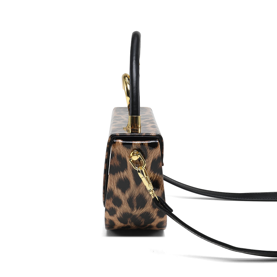 Leopard Print Saddle Handbag, Glossy Acrylic Shoulder Bag with Unique Curved Gold Handle, Women Trendy Crossbody Purse