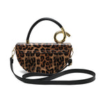 Leopard Print Saddle Handbag, Glossy Acrylic Shoulder Bag with Unique Curved Gold Handle, Women Trendy Crossbody Purse