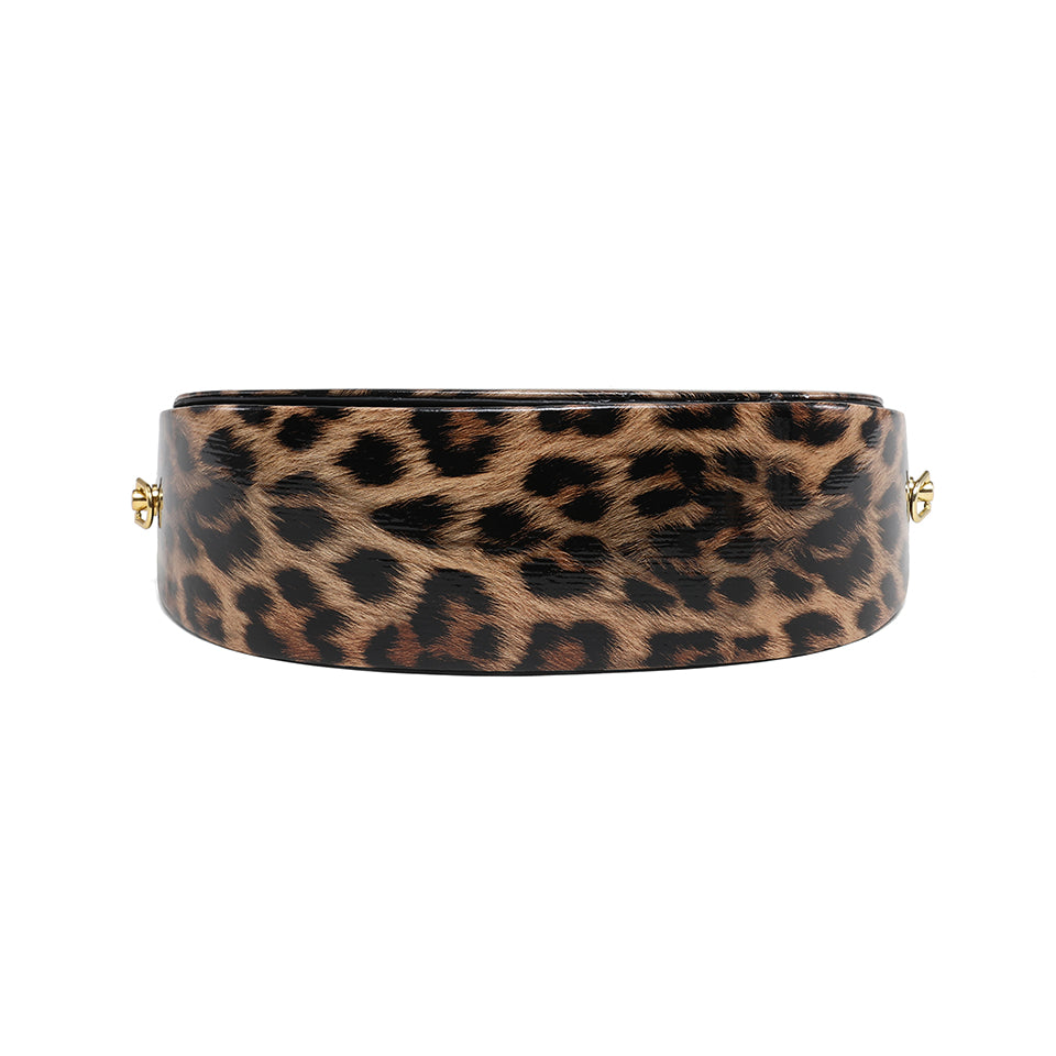 Leopard Print Saddle Handbag, Glossy Acrylic Shoulder Bag with Unique Curved Gold Handle, Women Trendy Crossbody Purse