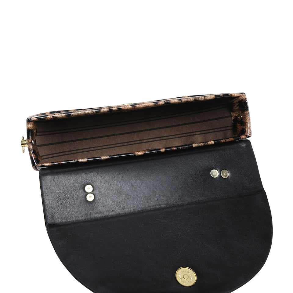 Leopard Print Saddle Handbag, Glossy Acrylic Shoulder Bag with Unique Curved Gold Handle, Women Trendy Crossbody Purse