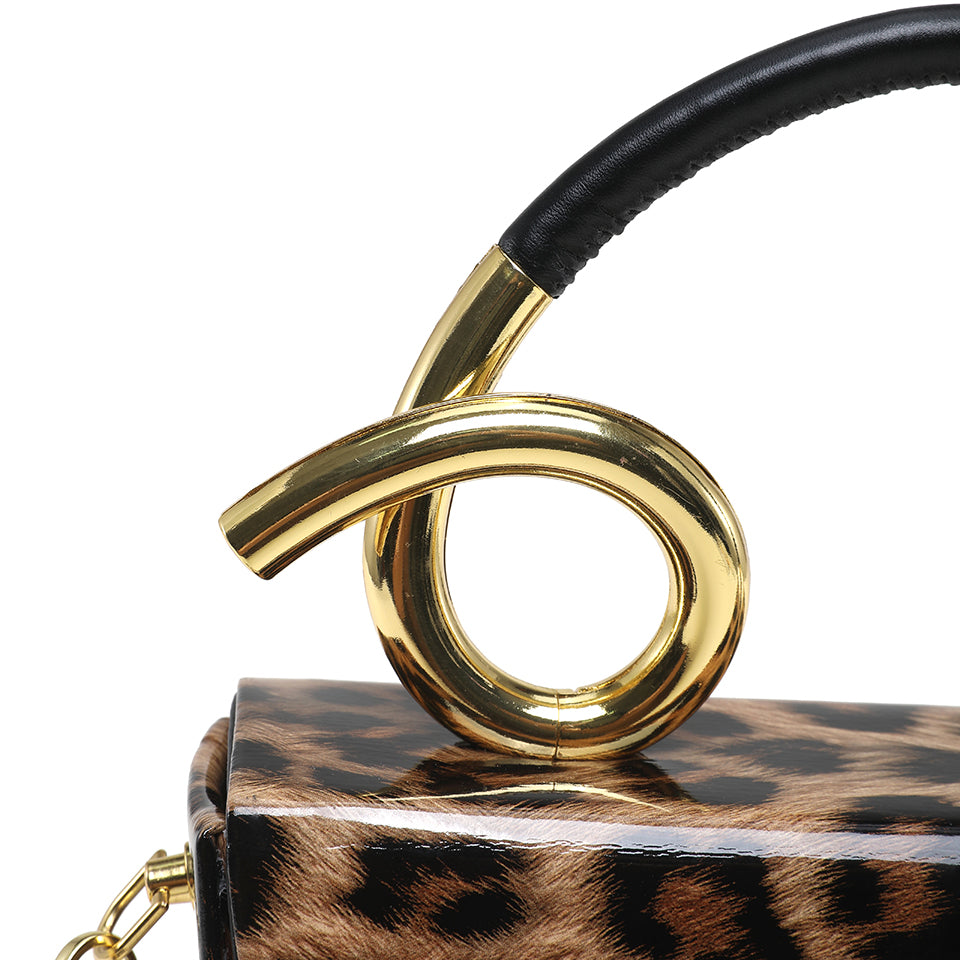 Leopard Print Saddle Handbag, Glossy Acrylic Shoulder Bag with Unique Curved Gold Handle, Women Trendy Crossbody Purse