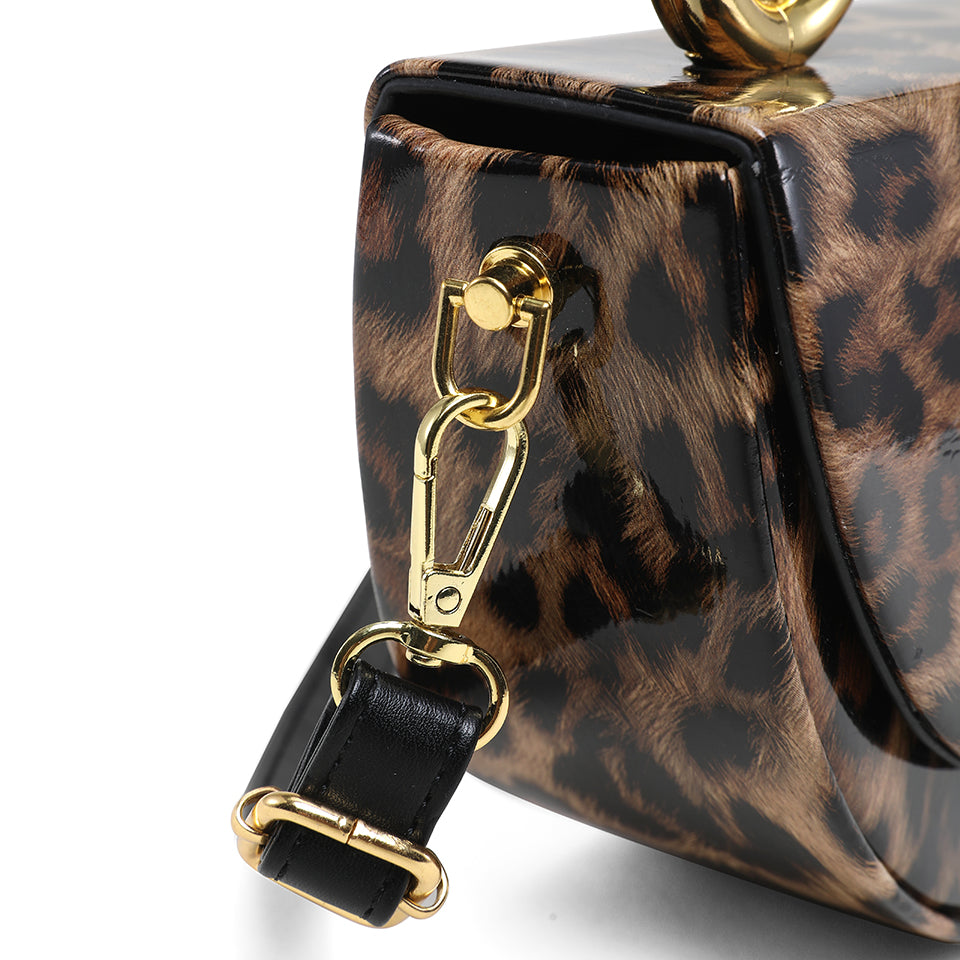 Leopard Print Saddle Handbag, Glossy Acrylic Shoulder Bag with Unique Curved Gold Handle, Women Trendy Crossbody Purse