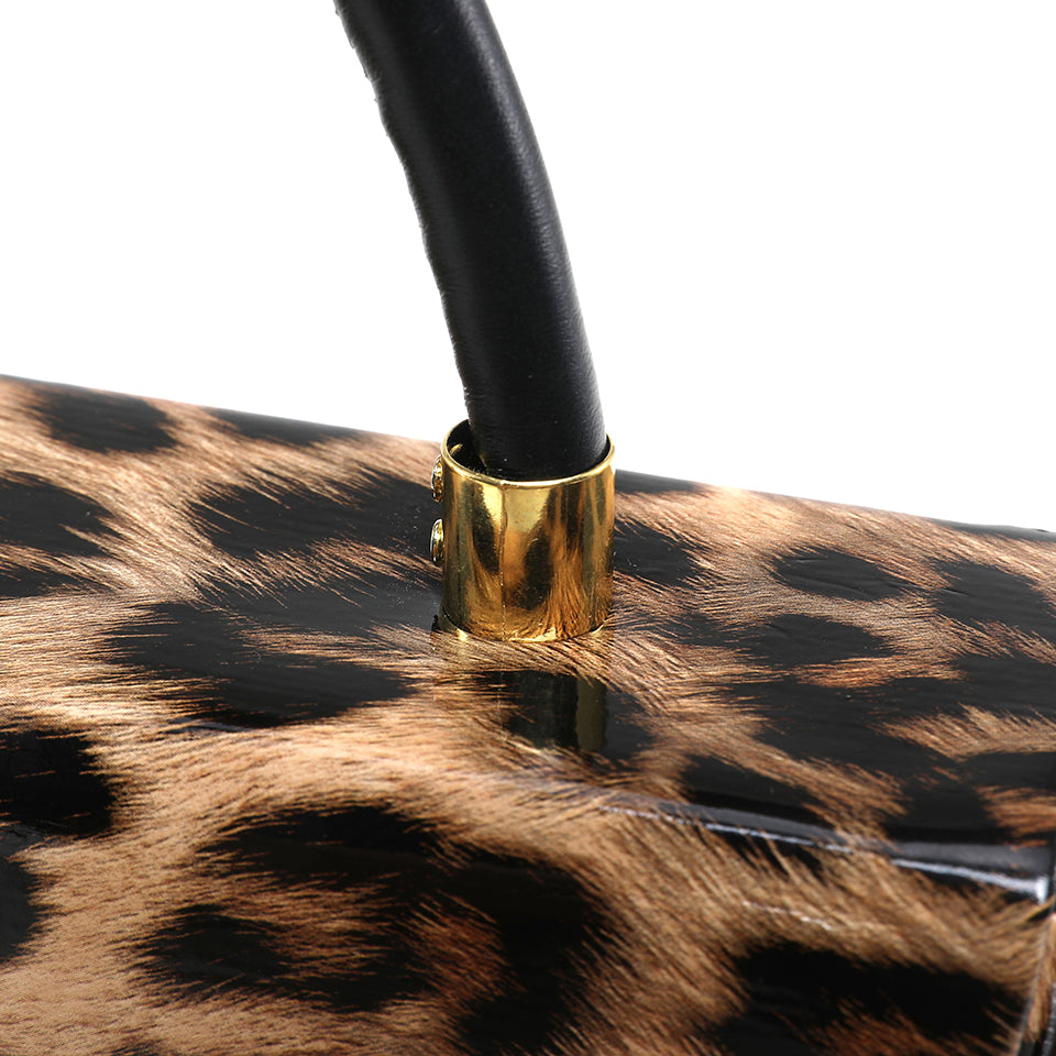 Leopard Print Saddle Handbag, Glossy Acrylic Shoulder Bag with Unique Curved Gold Handle, Women Trendy Crossbody Purse