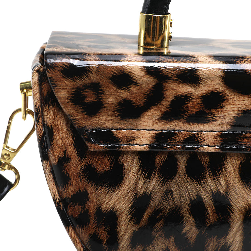 Leopard Print Saddle Handbag, Glossy Acrylic Shoulder Bag with Unique Curved Gold Handle, Women Trendy Crossbody Purse
