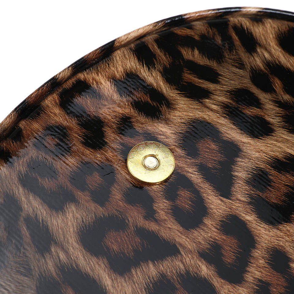 Leopard Print Saddle Handbag, Glossy Acrylic Shoulder Bag with Unique Curved Gold Handle, Women Trendy Crossbody Purse