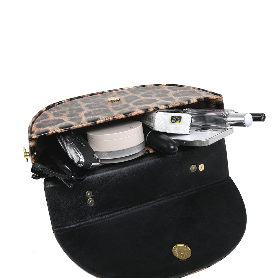 Leopard Print Saddle Handbag, Glossy Acrylic Shoulder Bag with Unique Curved Gold Handle, Women Trendy Crossbody Purse