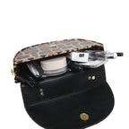 Leopard Print Saddle Handbag, Glossy Acrylic Shoulder Bag with Unique Curved Gold Handle, Women Trendy Crossbody Purse