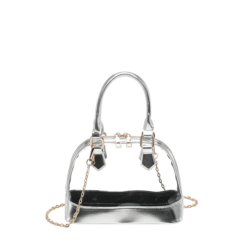 Metallic Gold Trim Clear Mini Dome Handbag, Transparent PVC Chain Crossbody Bag, Women Trendy Top Handle Purse