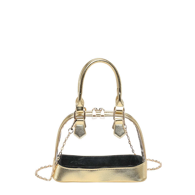 Metallic Gold Trim Clear Mini Dome Handbag, Transparent PVC Chain Crossbody Bag, Women Trendy Top Handle Purse
