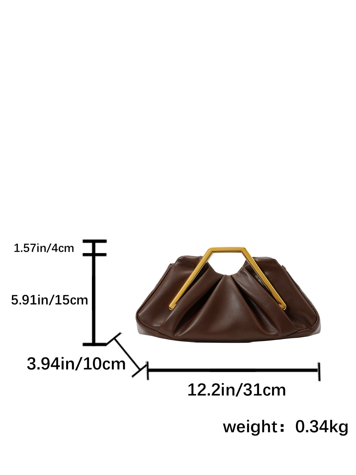 Women Ruched Faux Leather Clutch Bag, Geometric Gold Metal Frame Handle Evening Handbag