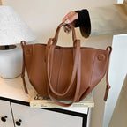 Women Drawstring Side Tote Bag, Contrast Stitch Soft Faux Leather Large Capacity Commute Shoulder Bag