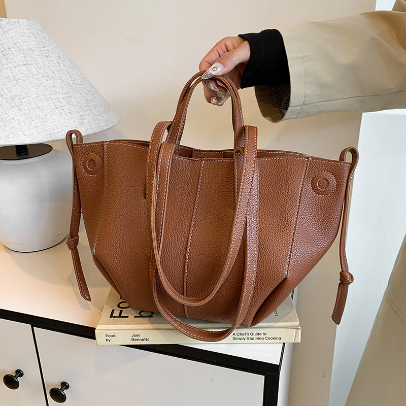 Women Drawstring Side Tote Bag, Contrast Stitch Soft Faux Leather Large Capacity Commute Shoulder Bag