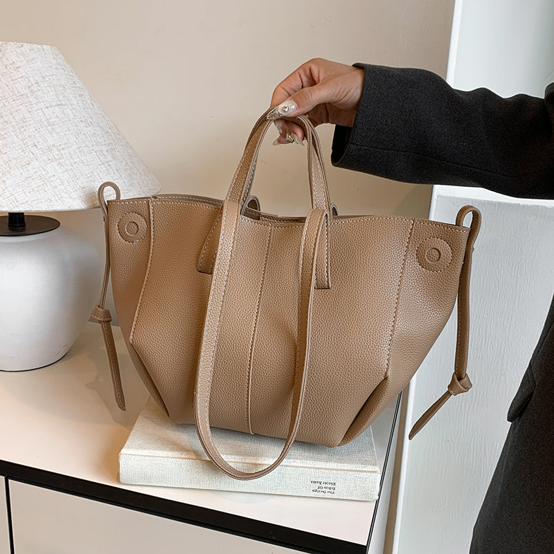Women Drawstring Side Tote Bag, Contrast Stitch Soft Faux Leather Large Capacity Commute Shoulder Bag