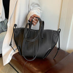 Women Drawstring Side Tote Bag, Contrast Stitch Soft Faux Leather Large Capacity Commute Shoulder Bag