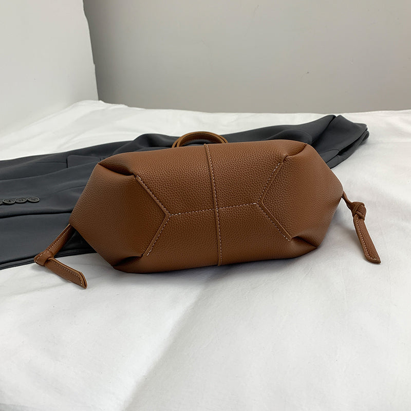 Women Drawstring Side Tote Bag, Contrast Stitch Soft Faux Leather Large Capacity Commute Shoulder Bag