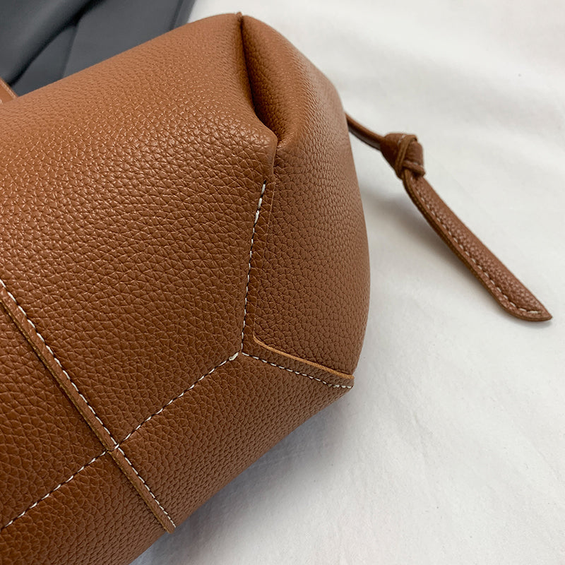Women Drawstring Side Tote Bag, Contrast Stitch Soft Faux Leather Large Capacity Commute Shoulder Bag