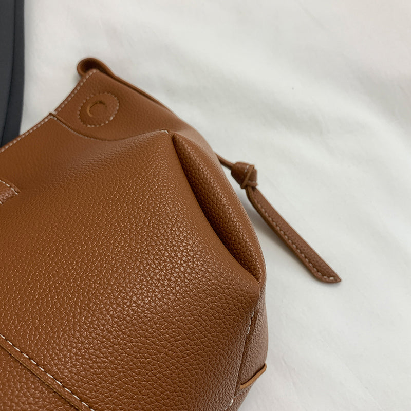 Women Drawstring Side Tote Bag, Contrast Stitch Soft Faux Leather Large Capacity Commute Shoulder Bag