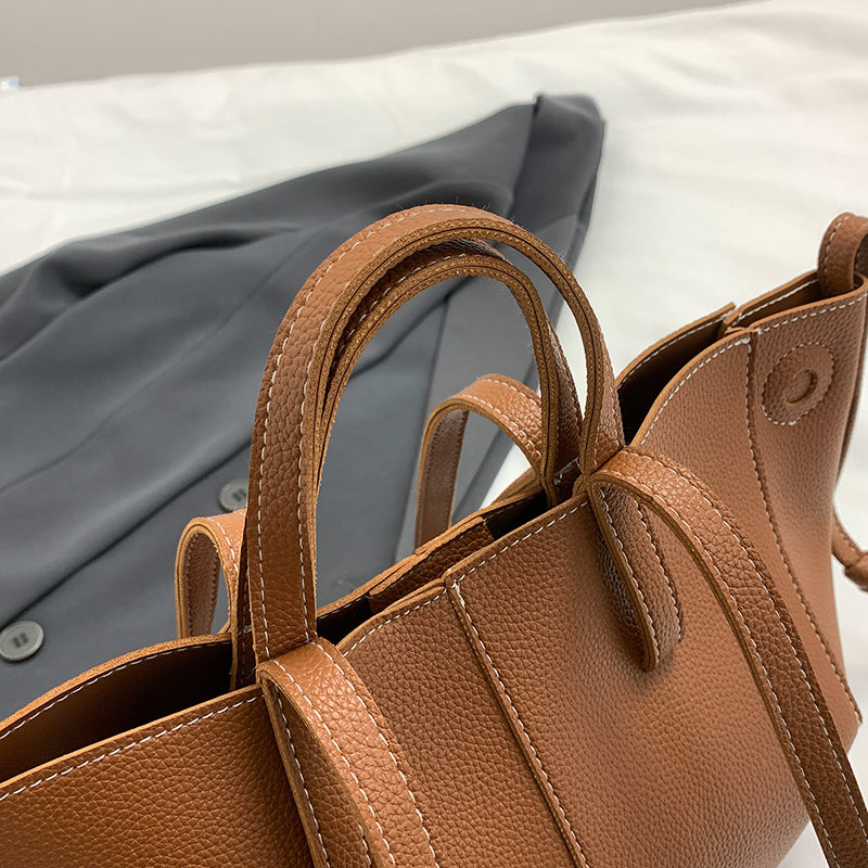 Women Drawstring Side Tote Bag, Contrast Stitch Soft Faux Leather Large Capacity Commute Shoulder Bag