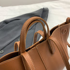Women Drawstring Side Tote Bag, Contrast Stitch Soft Faux Leather Large Capacity Commute Shoulder Bag