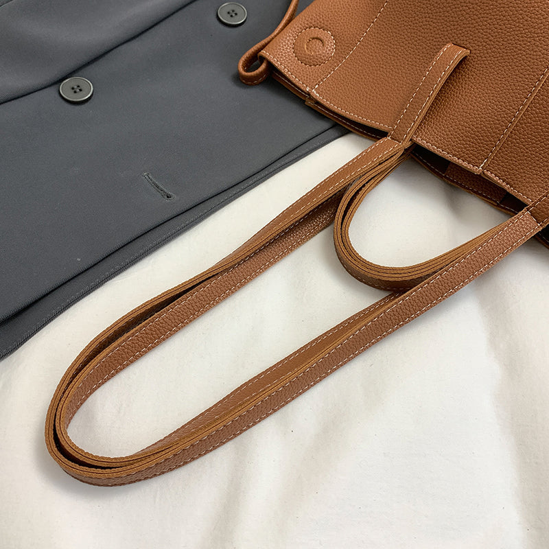 Women Drawstring Side Tote Bag, Contrast Stitch Soft Faux Leather Large Capacity Commute Shoulder Bag