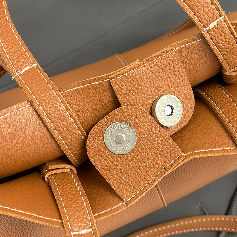 Women Drawstring Side Tote Bag, Contrast Stitch Soft Faux Leather Large Capacity Commute Shoulder Bag