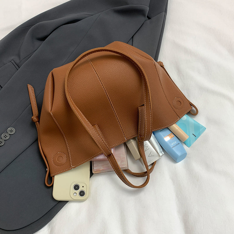 Women Drawstring Side Tote Bag, Contrast Stitch Soft Faux Leather Large Capacity Commute Shoulder Bag