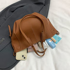 Women Drawstring Side Tote Bag, Contrast Stitch Soft Faux Leather Large Capacity Commute Shoulder Bag
