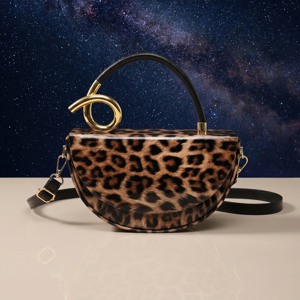 Leopard Print Saddle Handbag, Glossy Acrylic Shoulder Bag with Unique Curved Gold Handle, Women Trendy Crossbody Purse