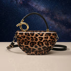 Leopard Print Saddle Handbag, Glossy Acrylic Shoulder Bag with Unique Curved Gold Handle, Women Trendy Crossbody Purse