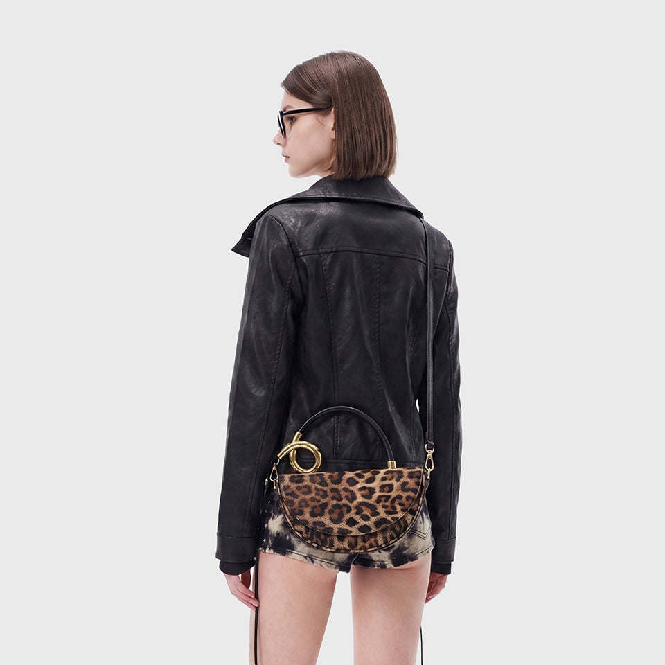 Leopard Print Saddle Handbag, Glossy Acrylic Shoulder Bag with Unique Curved Gold Handle, Women Trendy Crossbody Purse