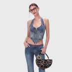 Leopard Print Saddle Handbag, Glossy Acrylic Shoulder Bag with Unique Curved Gold Handle, Women Trendy Crossbody Purse