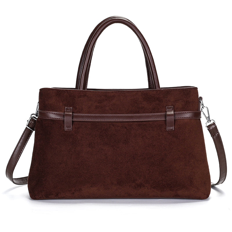 Women Vintage Suede Top Handle Tote Bag, Buckle Decor Large Capacity Work Shoulder Handbag for Office Commute