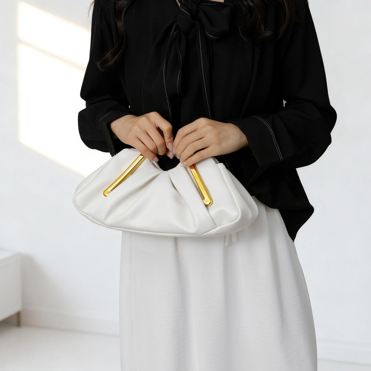 Women Ruched Faux Leather Clutch Bag, Geometric Gold Metal Frame Handle Evening Handbag