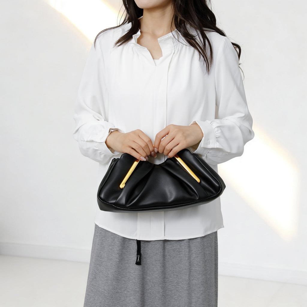Women Ruched Faux Leather Clutch Bag, Geometric Gold Metal Frame Handle Evening Handbag