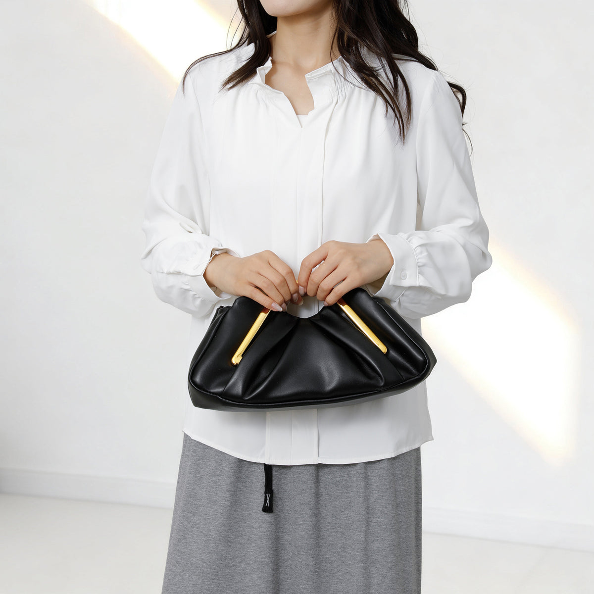 Women Ruched Faux Leather Clutch Bag, Geometric Gold Metal Frame Handle Evening Handbag