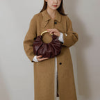 Women Ruched Cloud Hobo Handbag, Irregular Curved Gold Metal Ring Handle Soft Faux Leather Mini Shoulder Bag